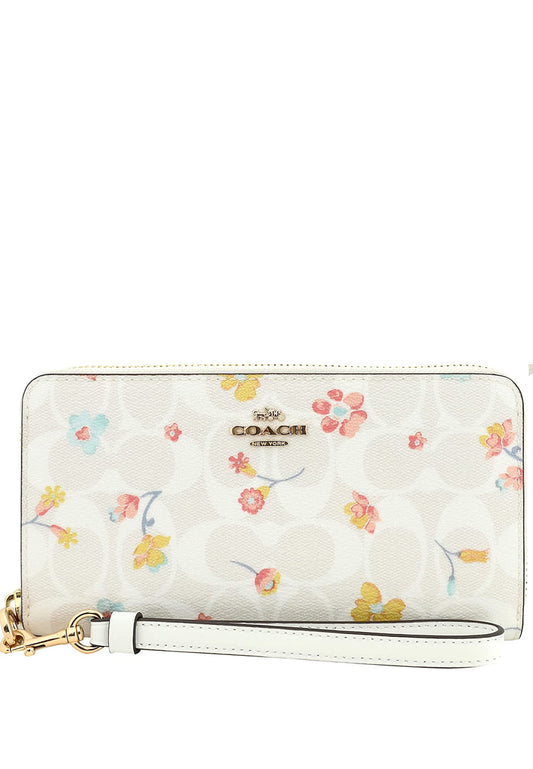 Coach Long Zip Around Wallet In Signature Canvas With Mystical Floral Print - White/Multi