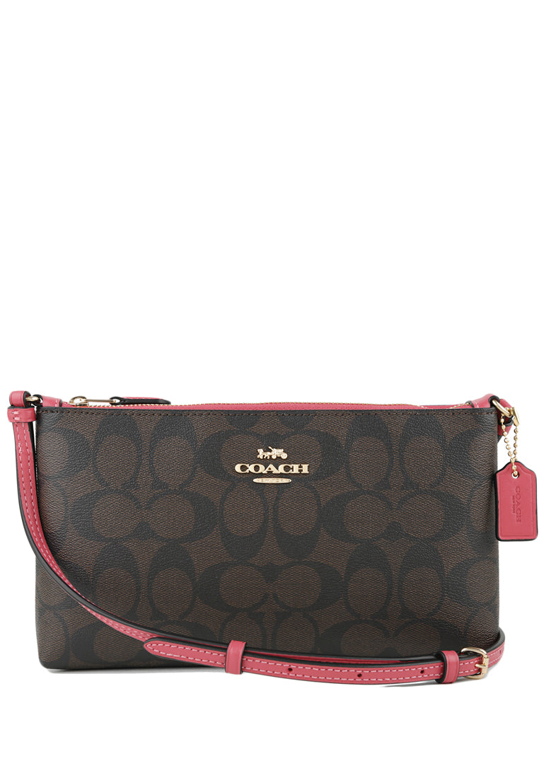 Coach Zip Top Crossbody In Signature Canvas - Dark Brown/Strawberry