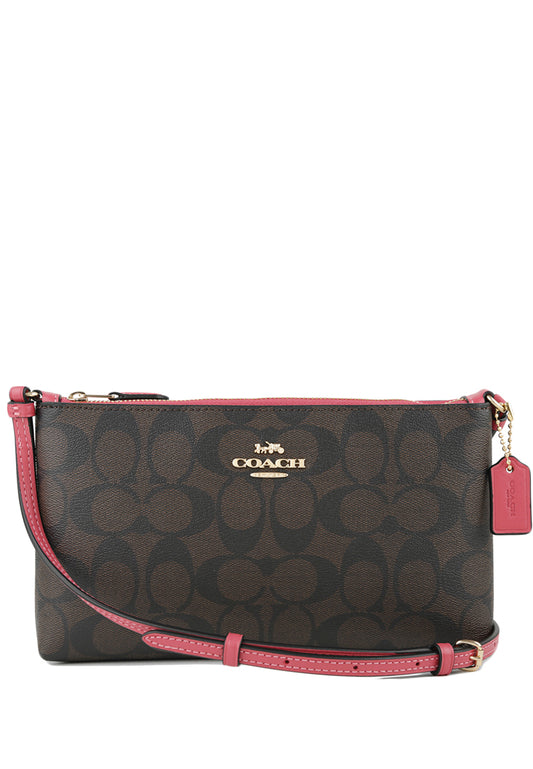 Coach Zip Top Crossbody In Signature Canvas - Dark Brown/Strawberry