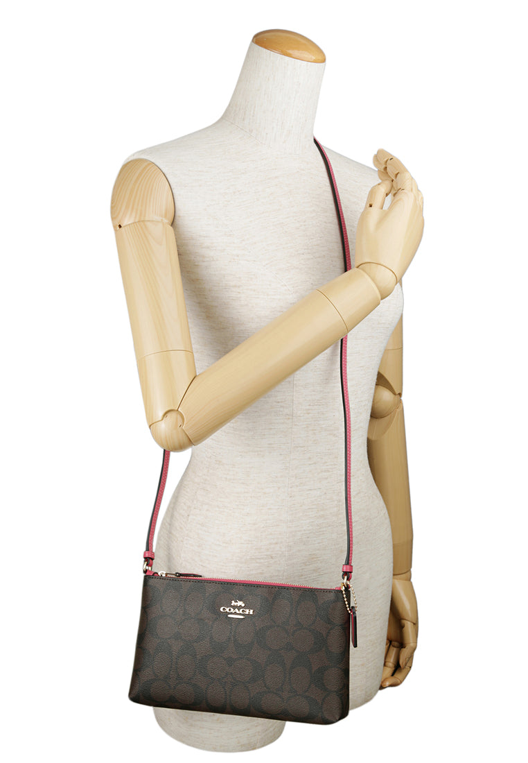 Coach Zip Top Crossbody In Signature Canvas - Dark Brown/Strawberry