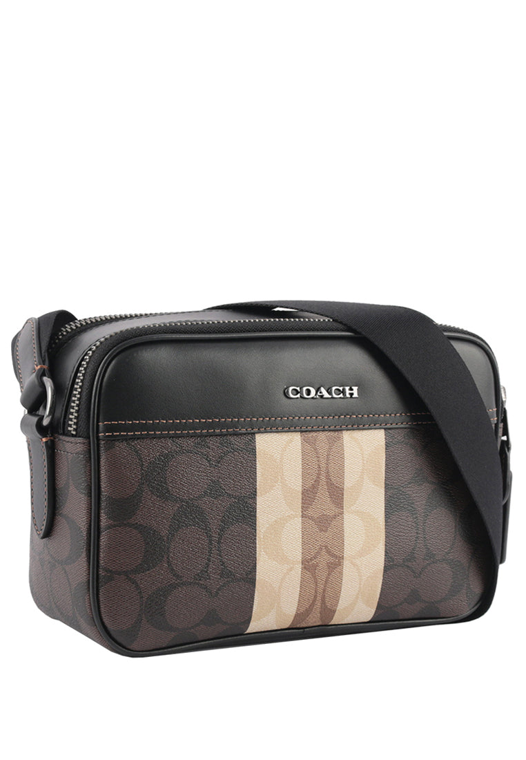 Coach Mens Graham Crossbody In Blocked Signature Canvas With Varsity Stripe - Mahogany