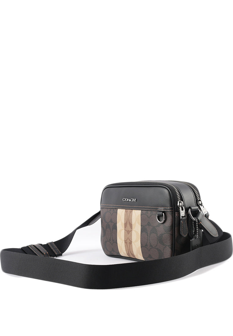 Coach Mens Graham Crossbody In Blocked Signature Canvas With Varsity Stripe - Mahogany