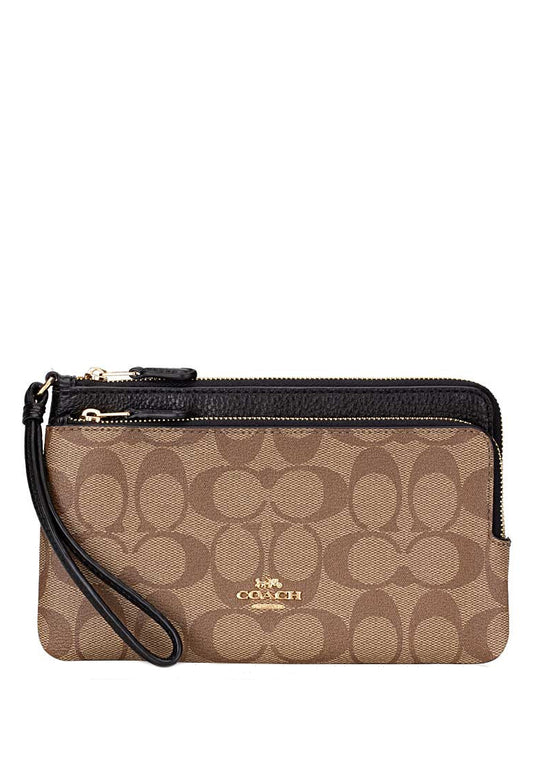 Coach Double Zip Wallet In Signature Canvas- Brown/Black