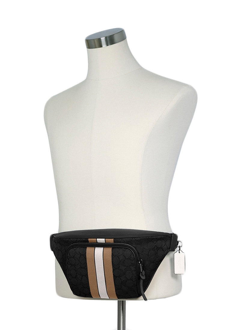 Coach Mens Thompson Belt Bag In Signature Jacquard With Varsity Stripe - Black