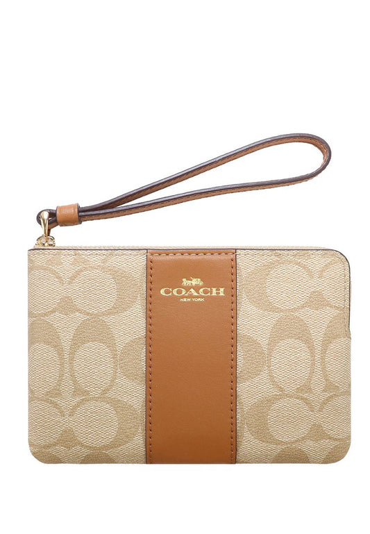 Coach Corner Zip Wristlet In Signature Canvas - Light Brown/Brown