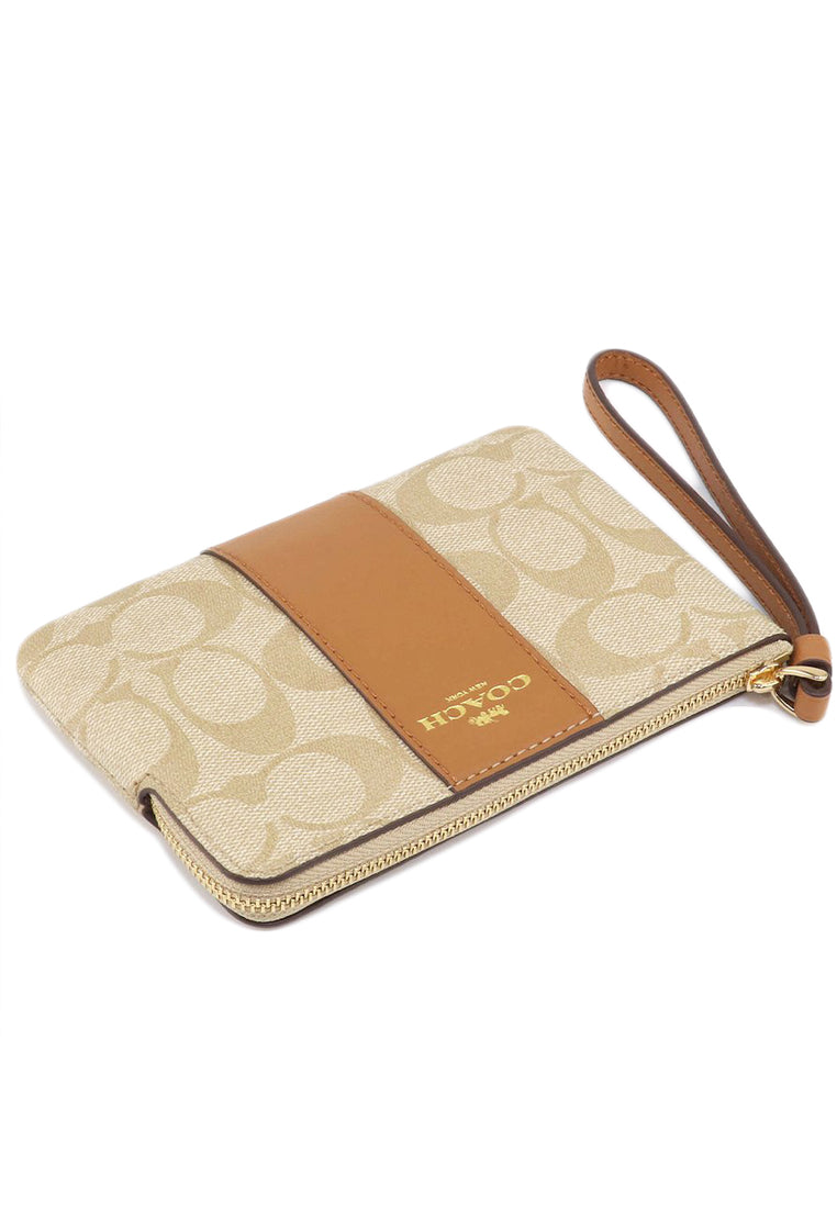 Coach Corner Zip Wristlet In Signature Canvas - Light Brown/Brown