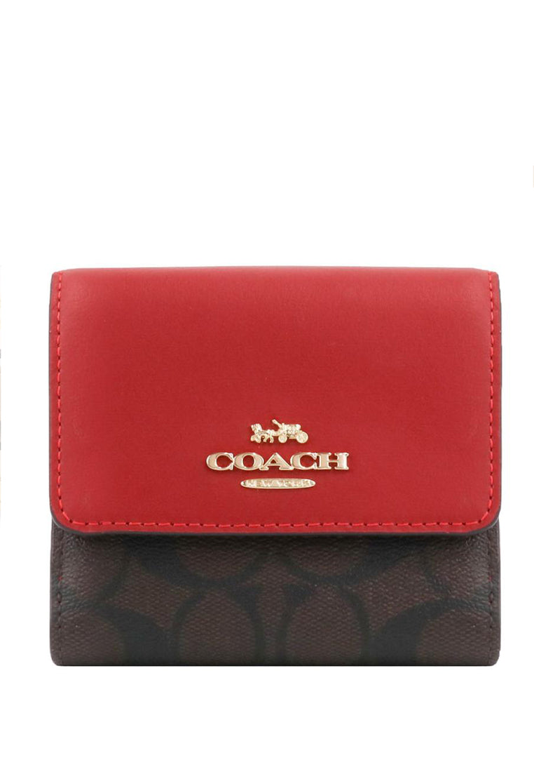 Coach Small Trifold Wallet In Blocked Signature Canvas - Dark Brown/Red