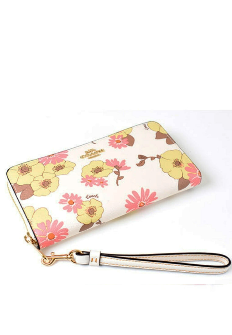 Coach Long Zip Around Wallet In Signature Canvas With Floral - White