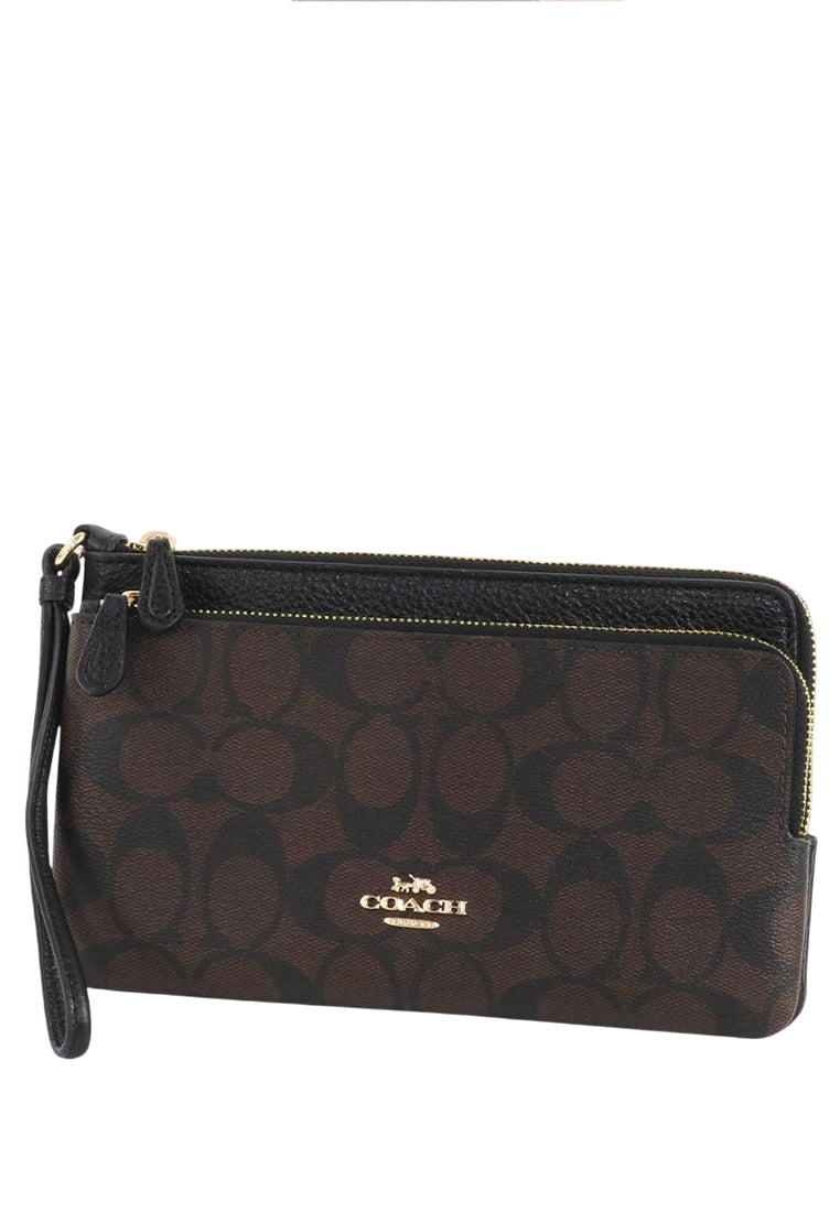 Coach Double Zip Wallet In Signature Canvas - Dark Brown/Black
