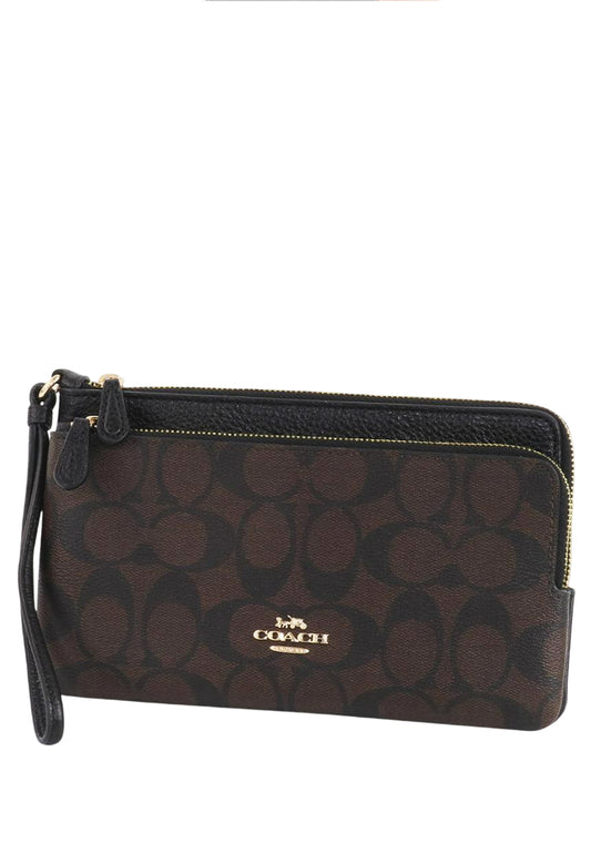 Coach Double Zip Wallet In Signature Canvas - Dark Brown/Black