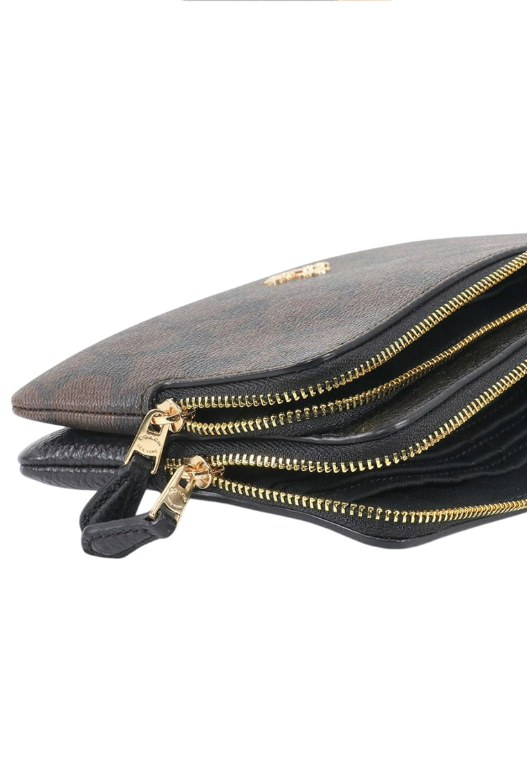 Coach Double Zip Wallet In Signature Canvas - Dark Brown/Black