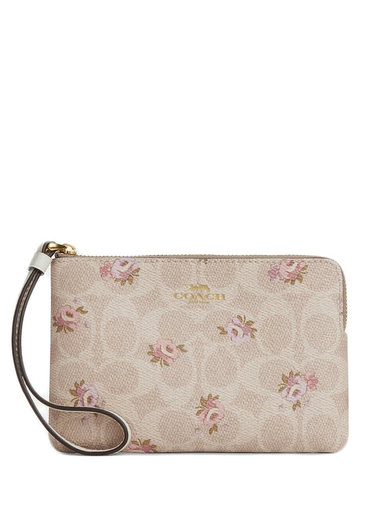Coach Corner Zip Wristlet In Signature Canvas With Floral Print - Sand Multi