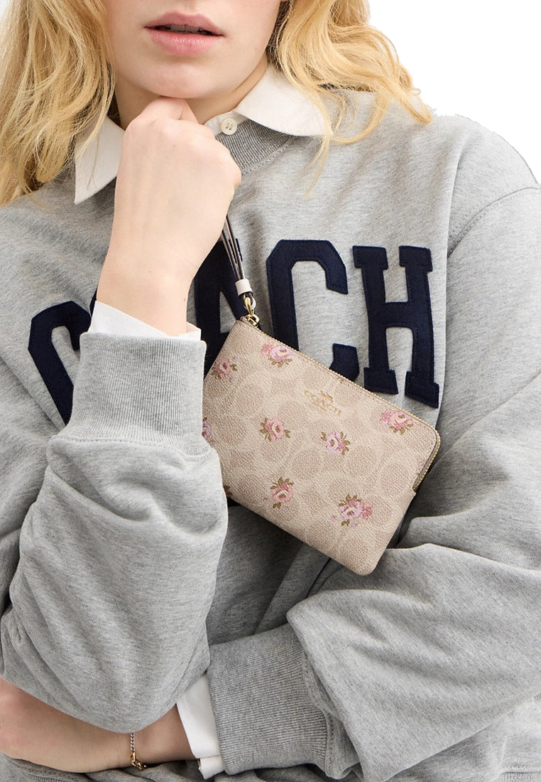 Coach Corner Zip Wristlet In Signature Canvas With Floral Print - Sand Multi