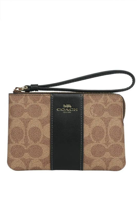 Coach Corner Zip Wristlet In Signature Canvas With Stripe - Tan/Black
