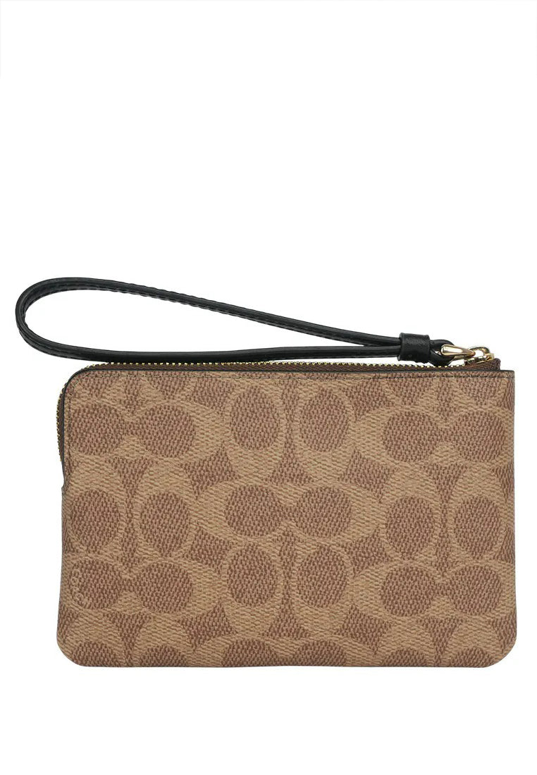 Coach Corner Zip Wristlet In Signature Canvas With Stripe - Tan/Black