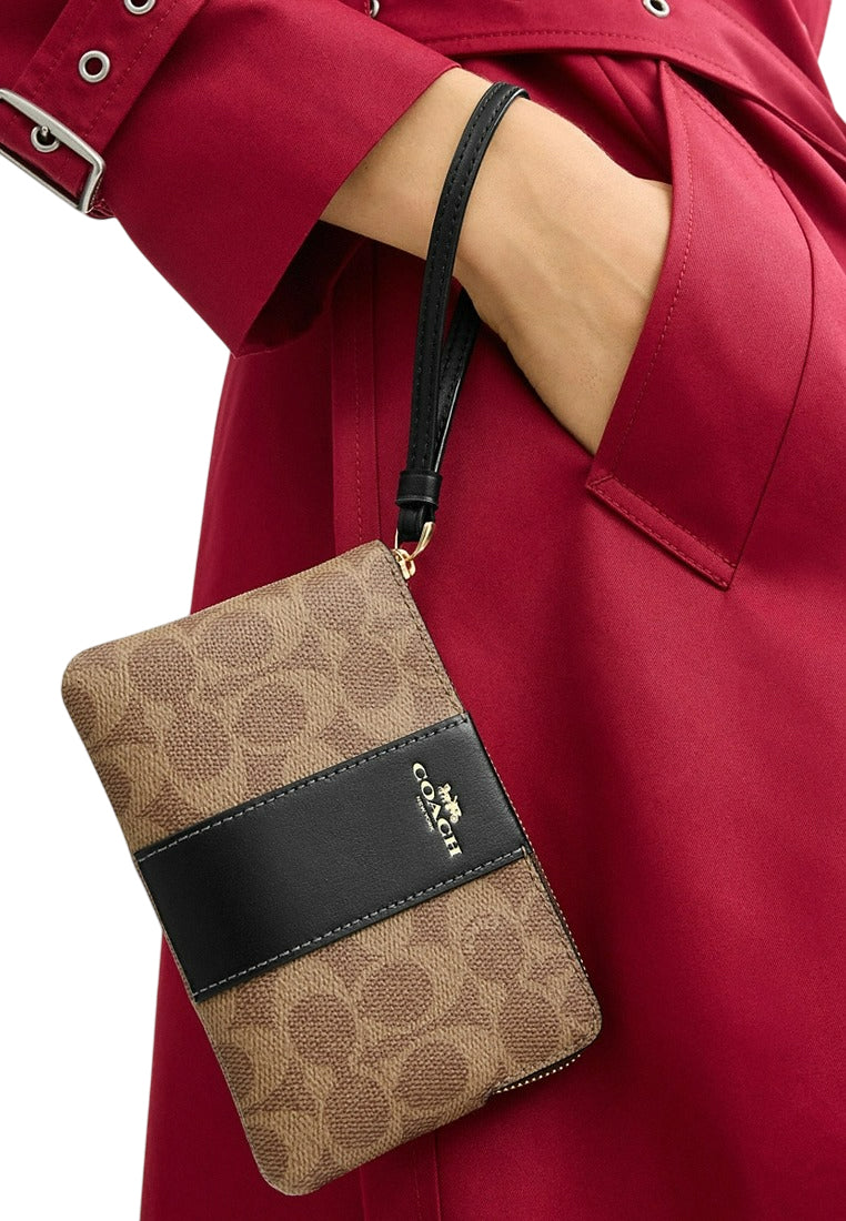 Coach Corner Zip Wristlet In Signature Canvas With Stripe - Tan/Black