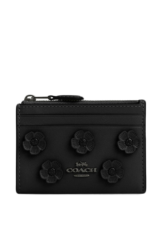 Coach Mini Skinny ID Case With Floral Applique - Black