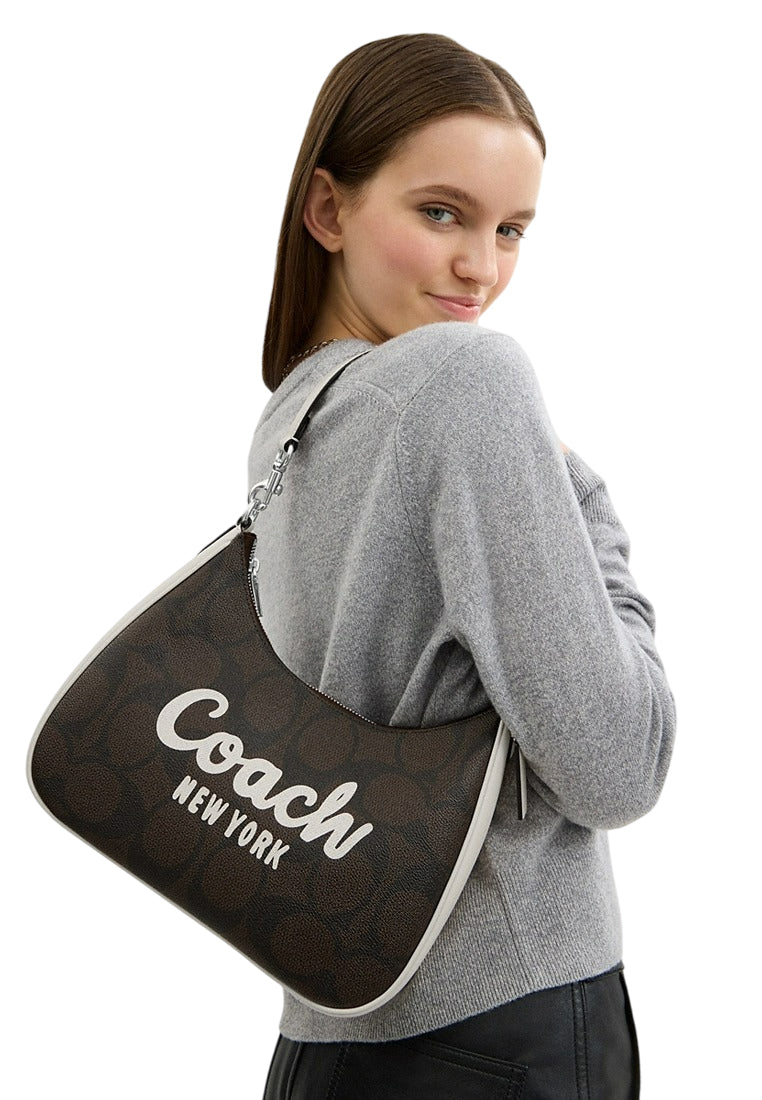 Coach Teri Hobo In Signature Canvas With Graphic - Walnut/White