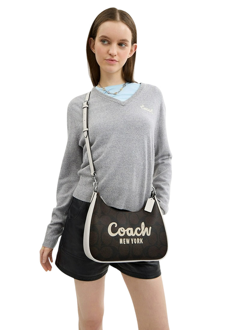 Coach Teri Hobo In Signature Canvas With Graphic - Walnut/White
