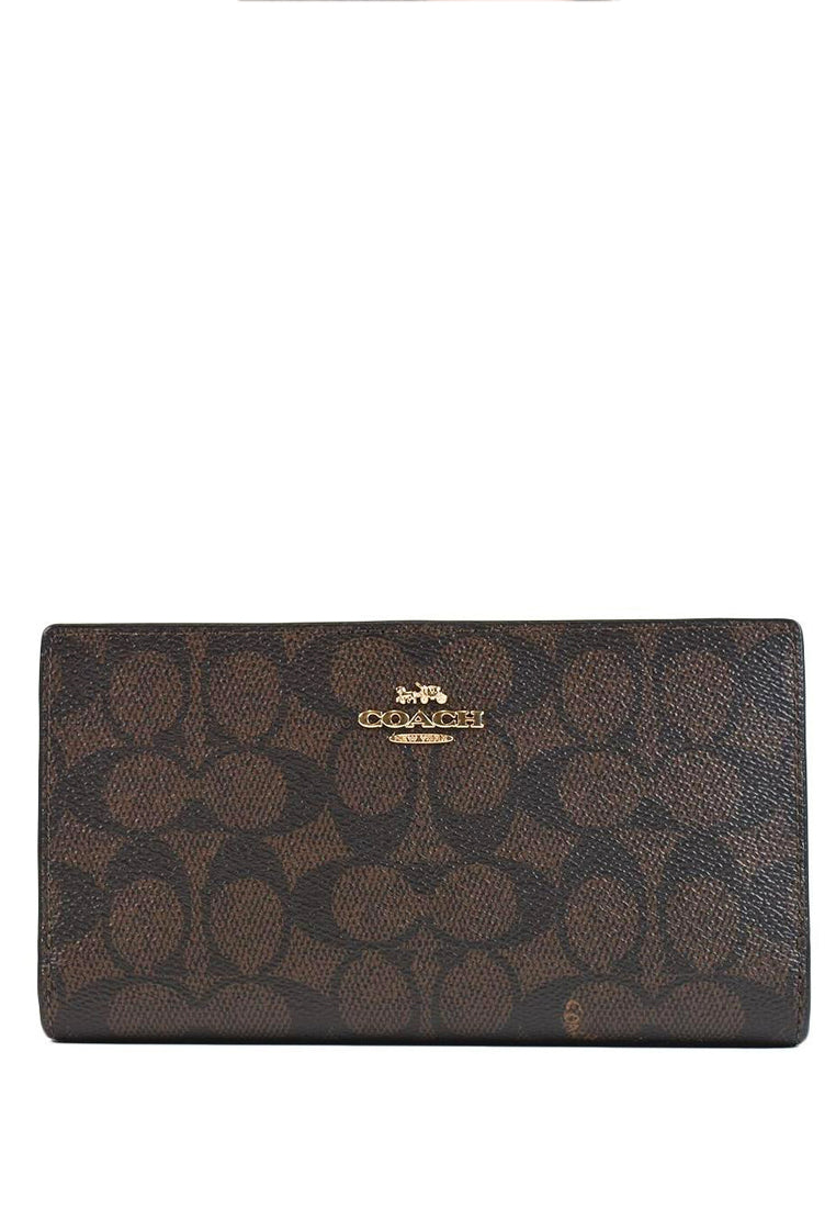 Coach Slim Zip Wallet In Signature Canvas - Walnut/Black