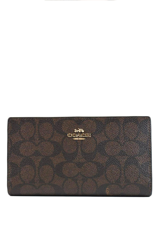 Coach Slim Zip Wallet In Signature Canvas - Walnut/Black