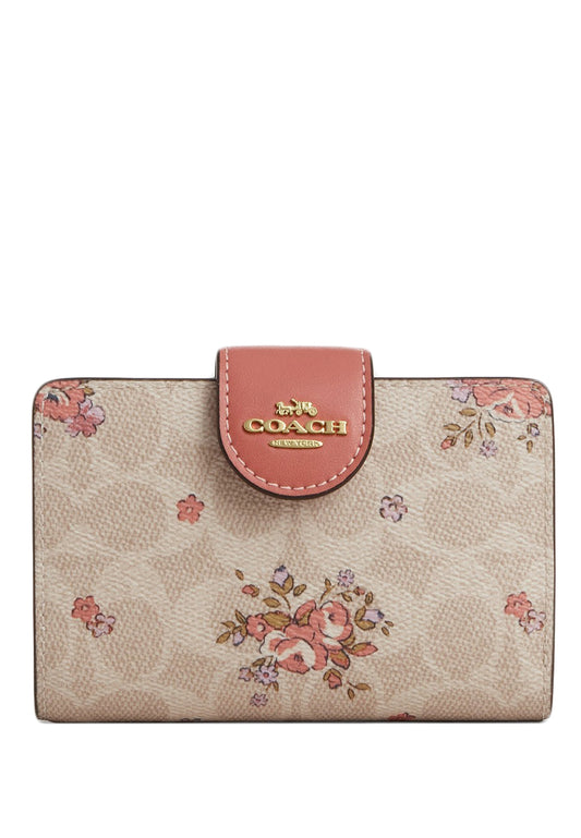 Coach Medium Corner Zip Wallet In Signature Canvas With Floral Print - Sand/Multi