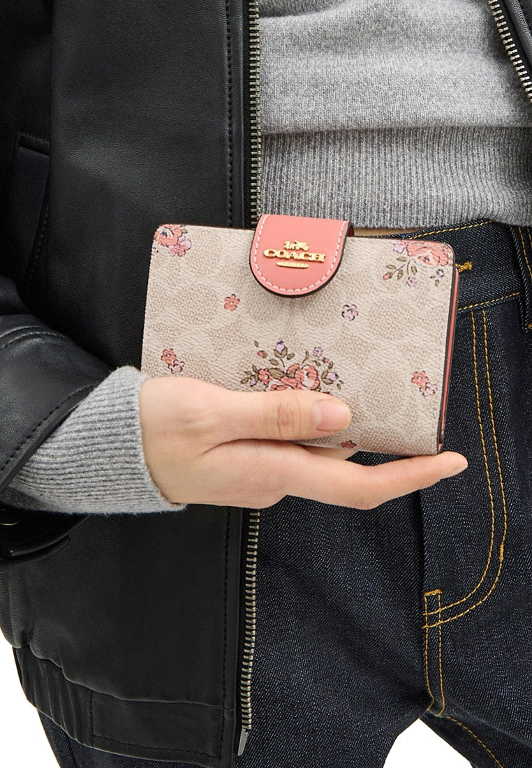 Coach Medium Corner Zip Wallet In Signature Canvas With Floral Print - Sand/Multi