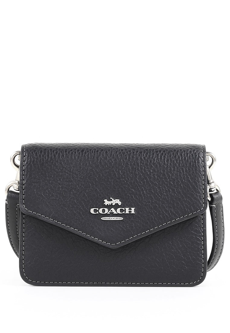 Coach Pebbled Leather Mini Envelope Wallet With Strap - Black