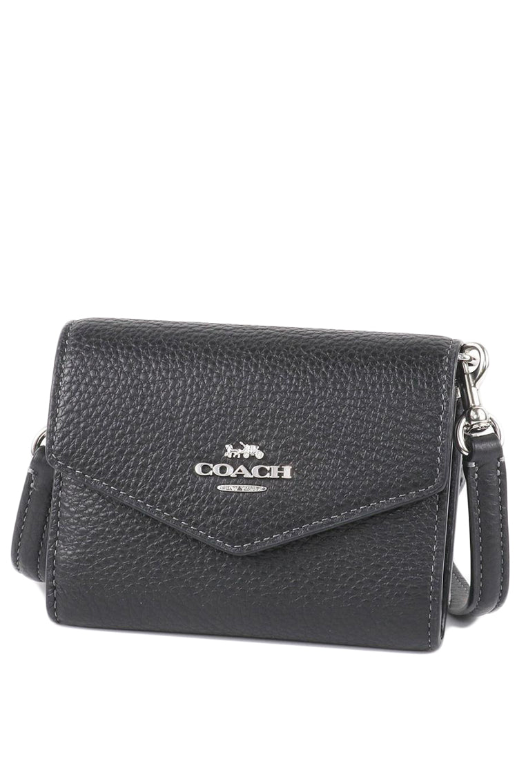 Coach Pebbled Leather Mini Envelope Wallet With Strap - Black