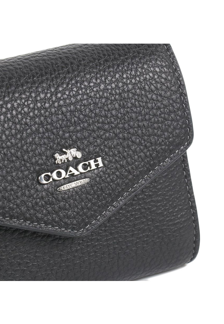 Coach Pebbled Leather Mini Envelope Wallet With Strap - Black