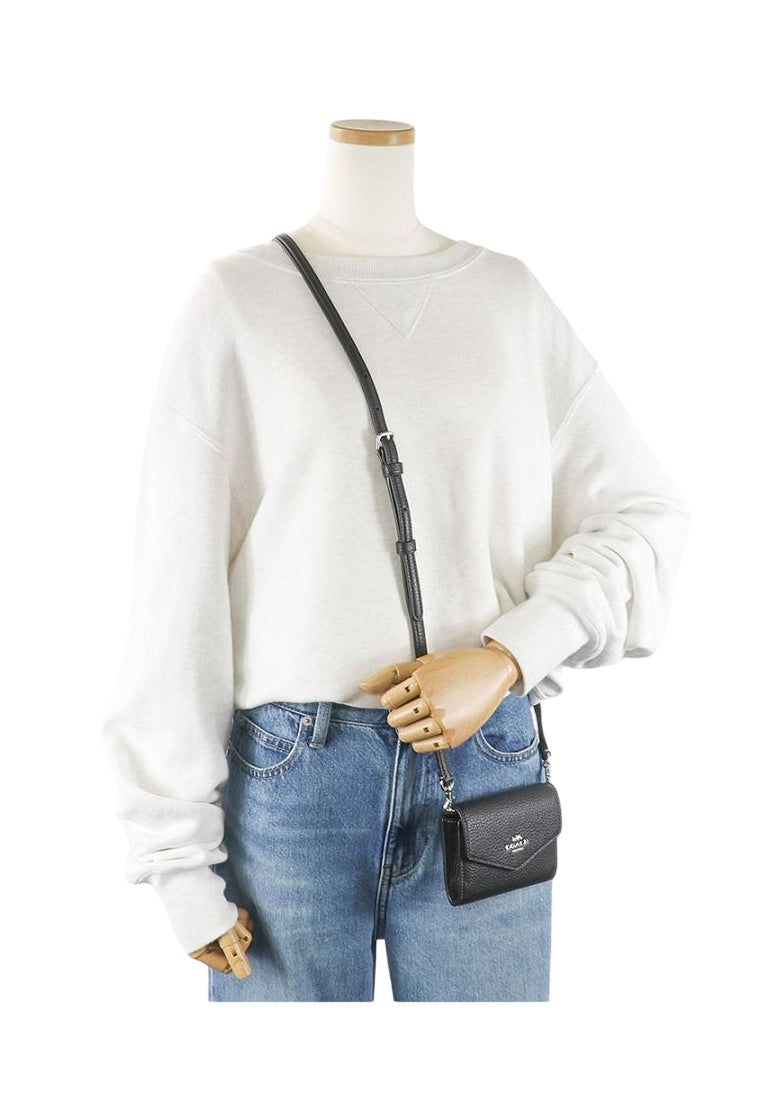 Coach Pebbled Leather Mini Envelope Wallet With Strap - Black