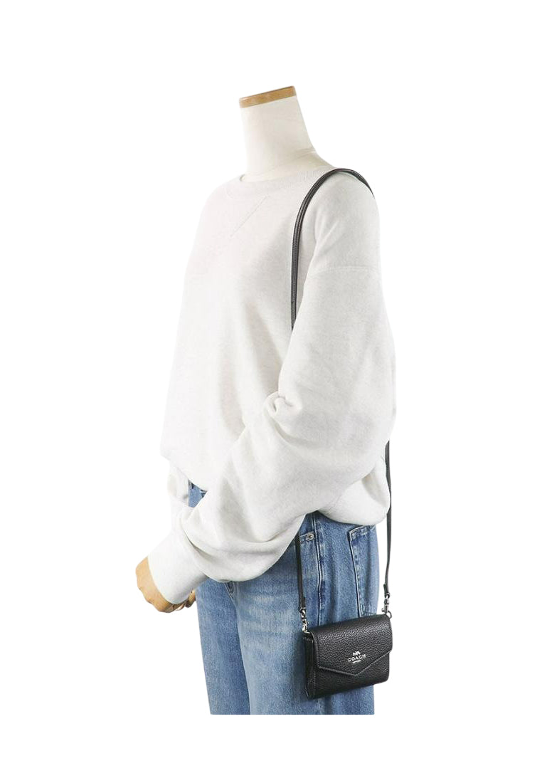 Coach Pebbled Leather Mini Envelope Wallet With Strap - Black