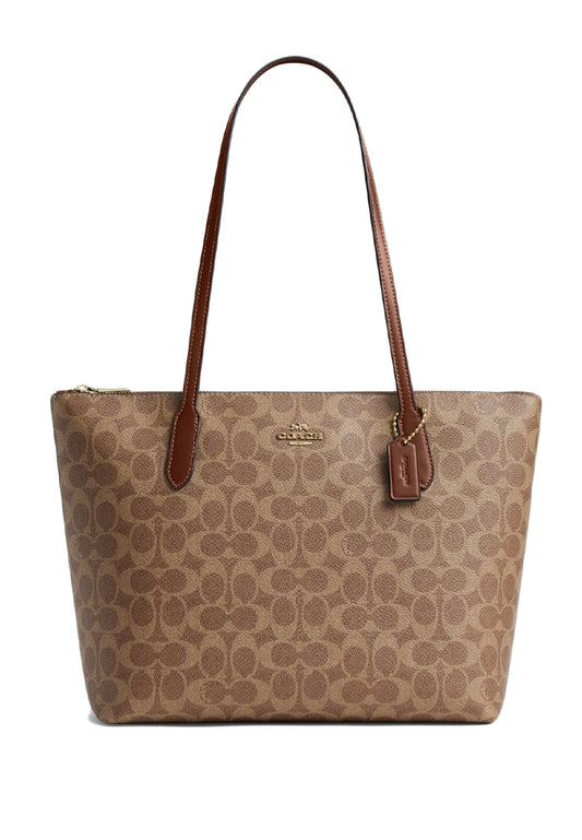 Coach Zip Top Tote Bag In Signature Canvas - Tan/Brown