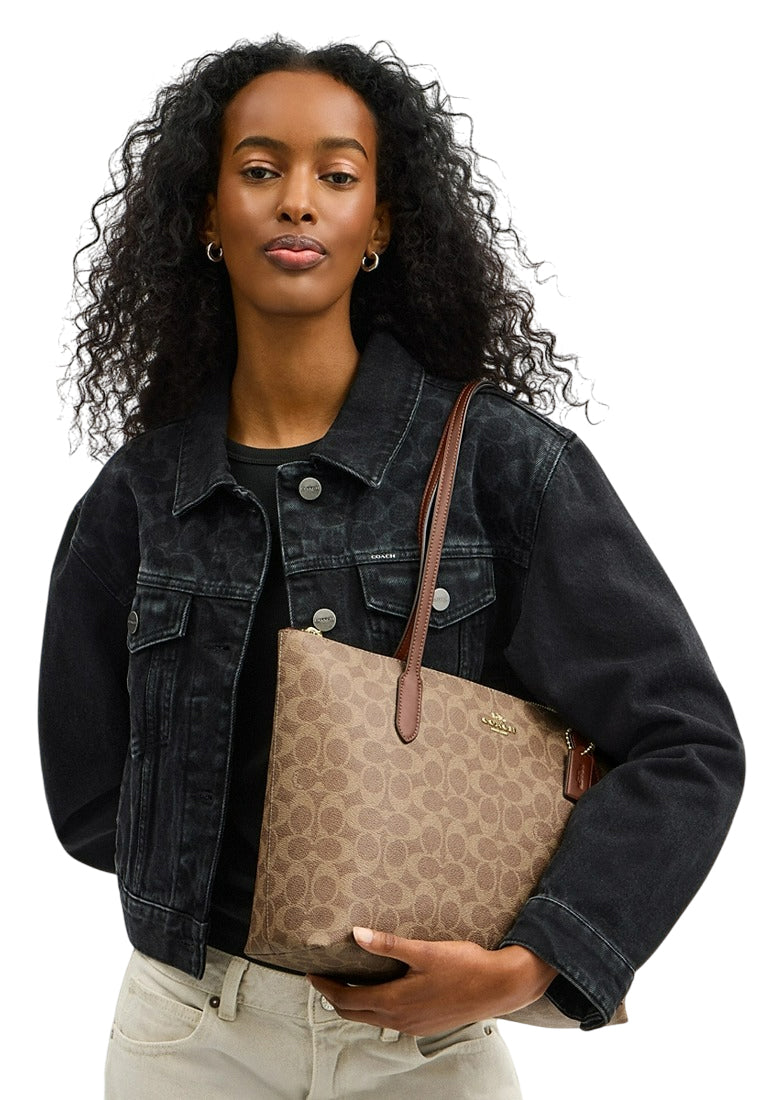 Coach Zip Top Tote Bag In Signature Canvas - Tan/Brown