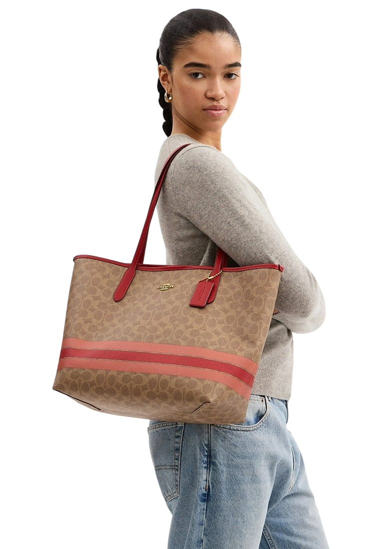 Coach City Tote Bag In Signature Canvas With Stripe - Tan Multi