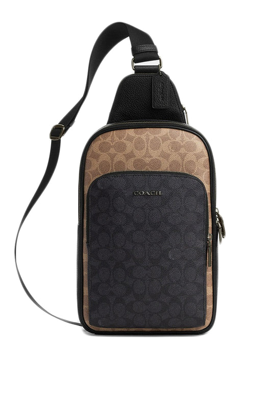 Coach Mens Ethan Pack In Blocked Signature Canvas - Tan/Charcoal/Black