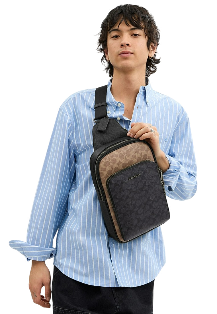 Coach Mens Ethan Pack In Blocked Signature Canvas - Tan/Charcoal/Black