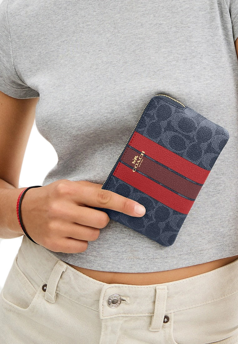 Coach Corner Zip Wristlet In Signature Canvas With Varsity Stripe - Denim/Bold Red