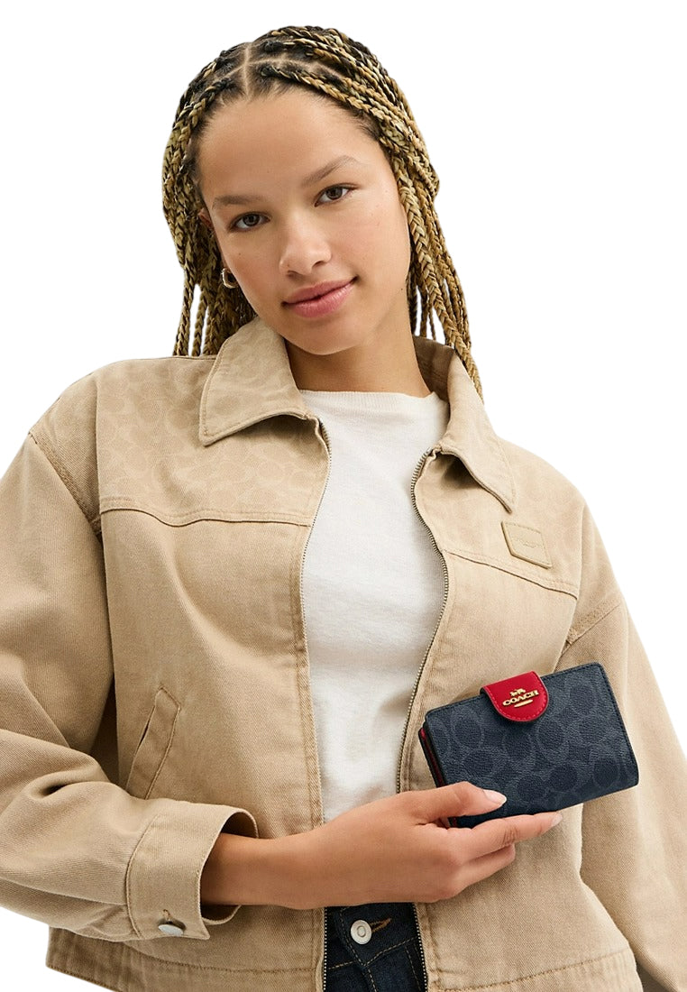Coach Medium Corner Zip Wallet In Signature Canvas - Denim/Bold Red