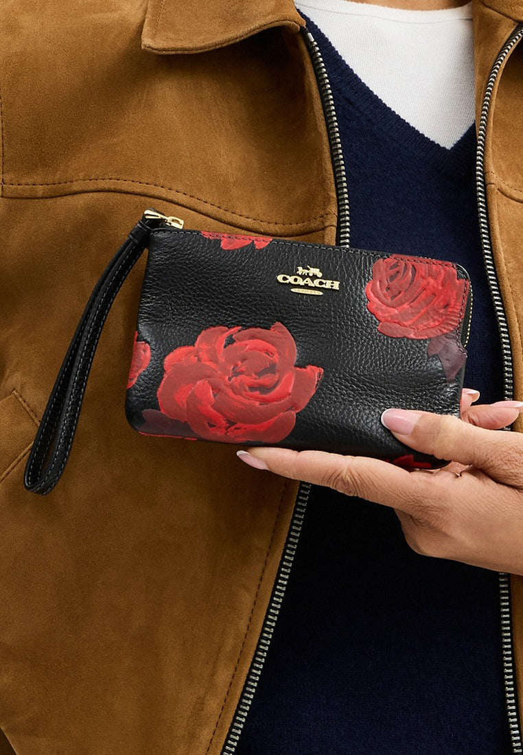 Coach Corner Zip Wristlet With Floral Print - Black/Red