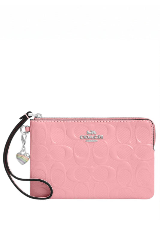 Coach Corner Zip Wristlet In Signature Leather With Heart Charm - Pink
