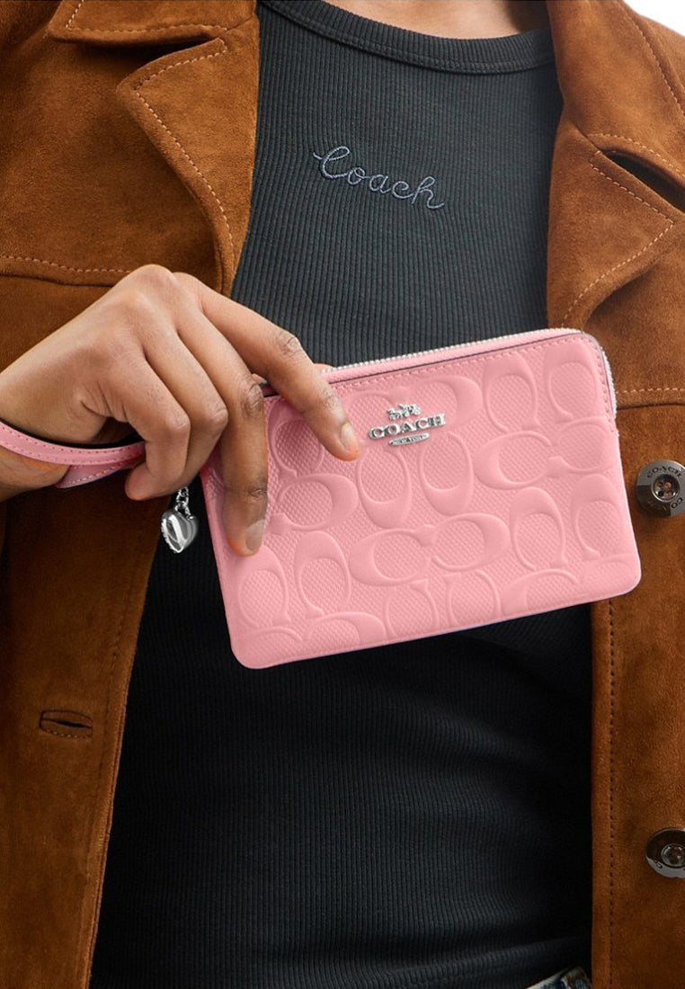 Coach Corner Zip Wristlet In Signature Leather With Heart Charm - Pink