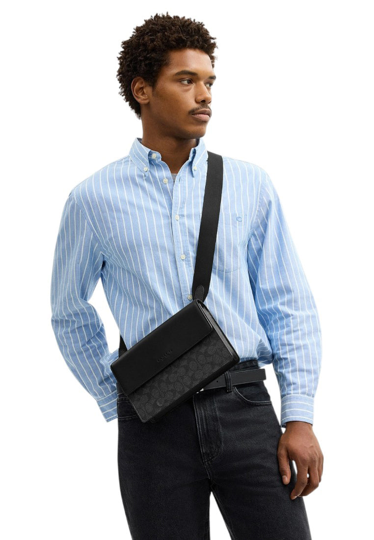Coach Mens Turner Flap Crossbody Bag In Signature Canvas - Black