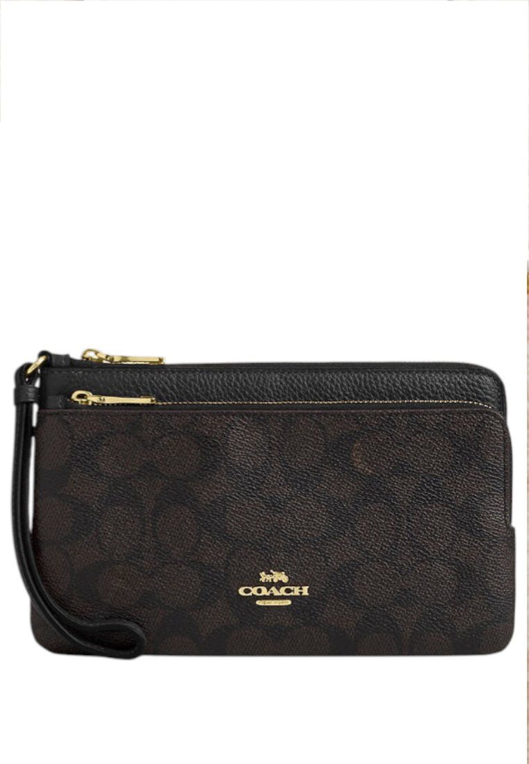 Coach Double Zip Wallet In Signature Canvas - Walnut/Black