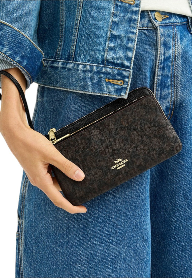Coach Double Zip Wallet In Signature Canvas - Walnut/Black
