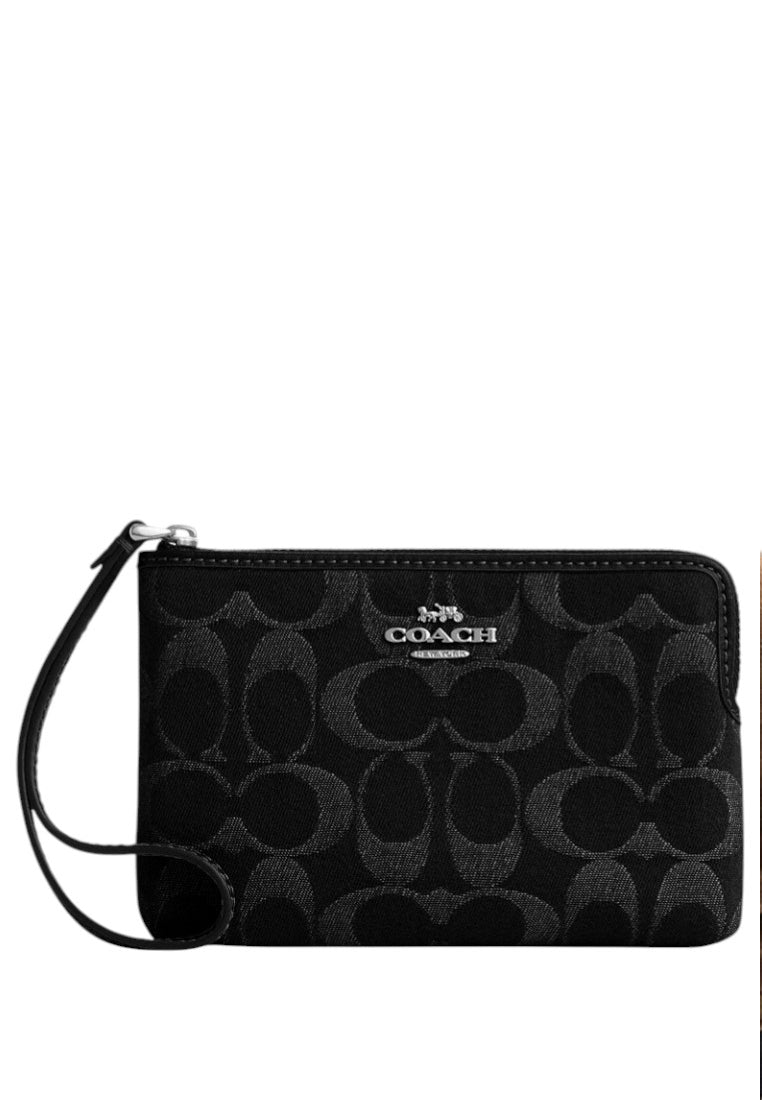 Coach Corner Zip Wristlet In Signature Denim - Black