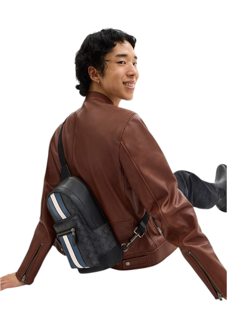 Coach Mens West Pack In Signature Canvas With Varsity Stripe - Black/Denim
