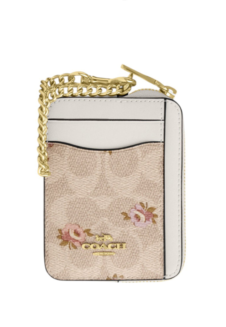 Coach Zip Card Case In Signature Canvas With Floral Print - Sand Multi