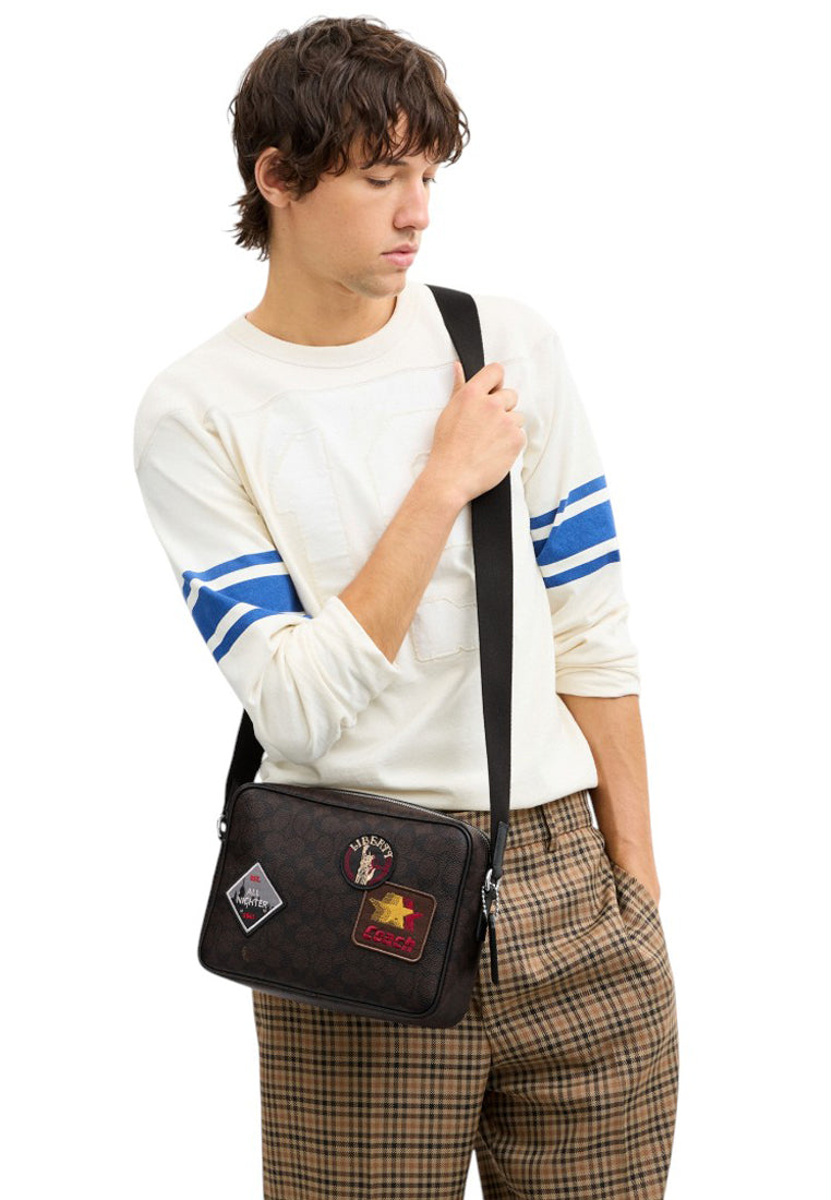 Coach Mens Colton Crossbody Bag 25 In Signature Canvas With Patches - Black