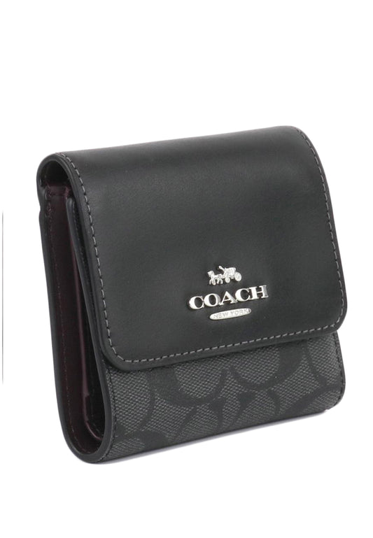 Coach Small Trifold Wallet In Blocked Signature Canvas - Black
